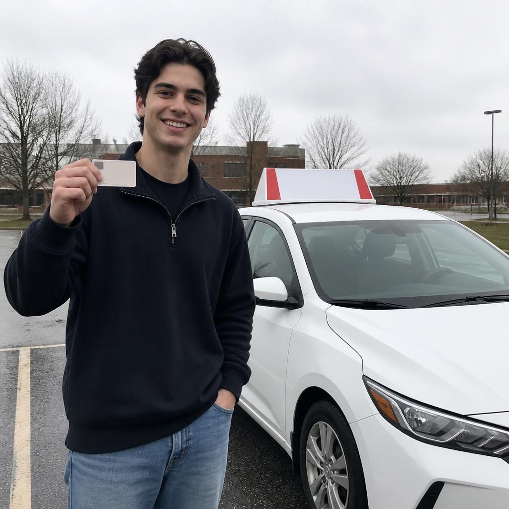 Graduate holding his licence next to a Provincial Driving School vehicle