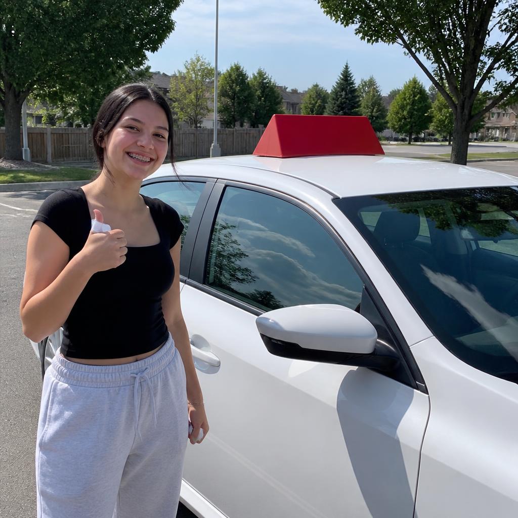 New driver giving a thumbs up beside a Provincial Driving School car