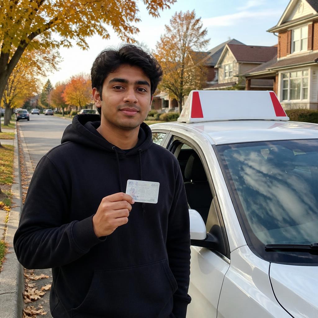 Student celebrating his G2 licence beside a driving school vehicle