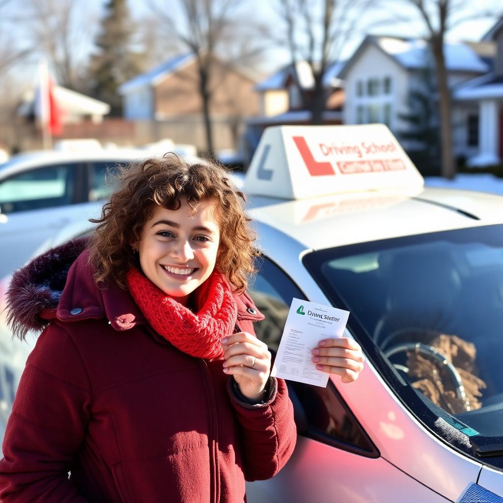 Student holding her licence on a winter day beside a driving school car